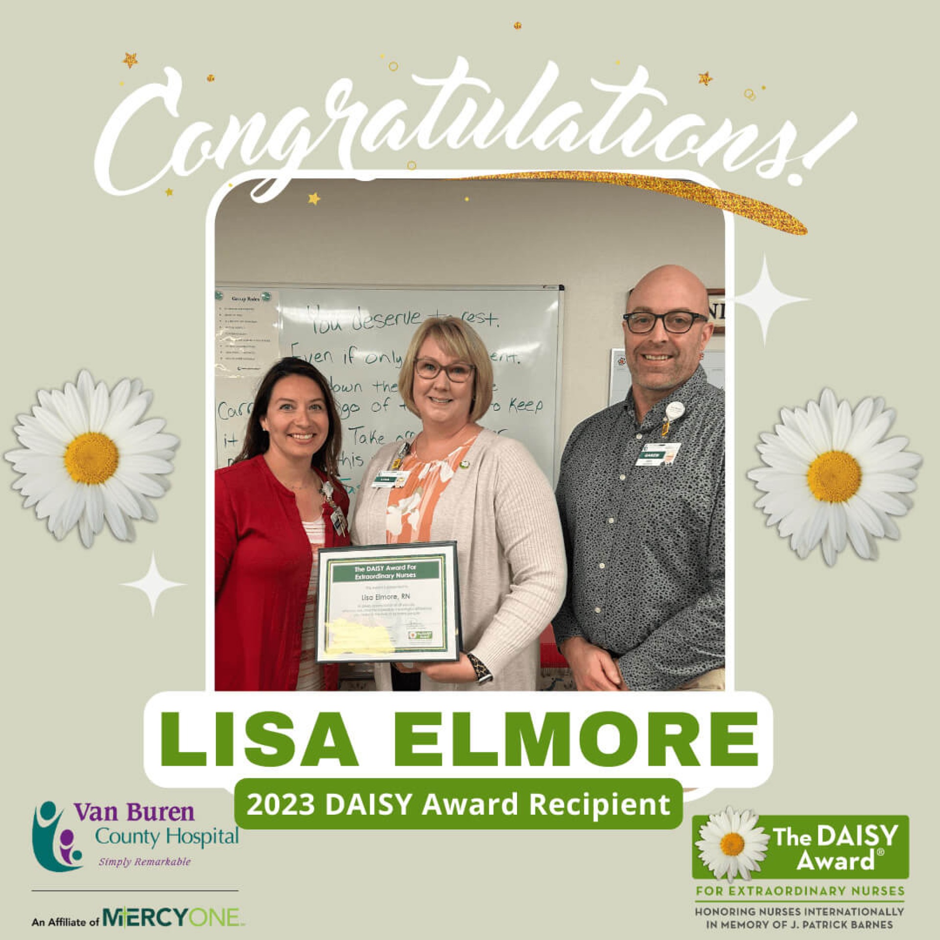 Congratulations to the Van Buren County Hospital 2023 DAISY Award winner recipient, Lisa Elmore.