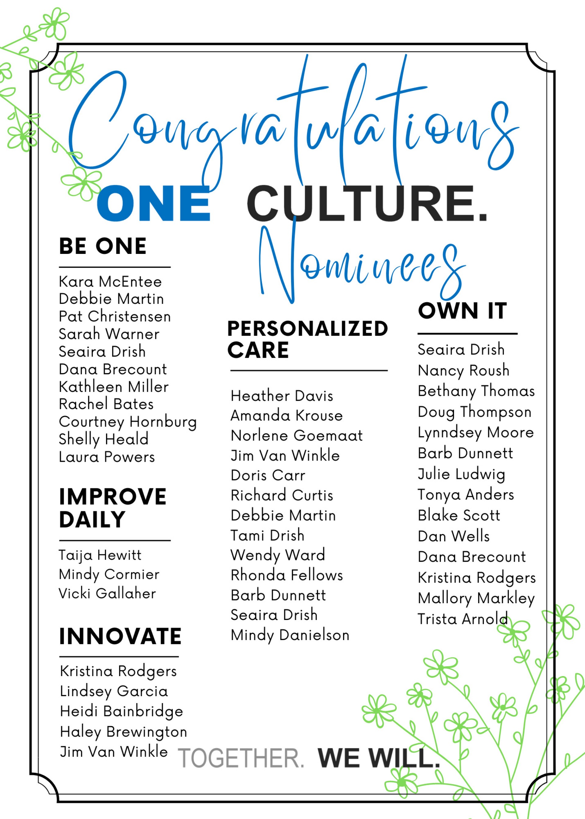 Congratulations, Van Buren County Hospital One Culture nominees!